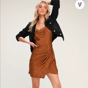 Fall copper satin cowl neck dress